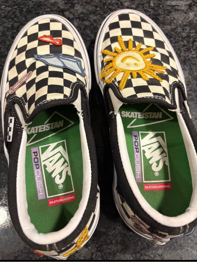 Vans Kids Slip-On Checkerboard Sneakers With Sun & Patch Accents - Black/White